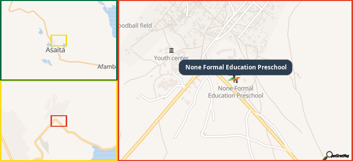 Map showing the address of None Formal Education Preschool in three different zoom levels.