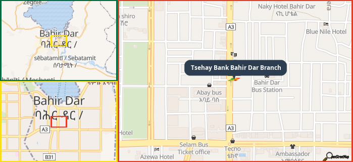 Map showing the address of Tsehay Bank Bahir Dar Branch in three different zoom levels.