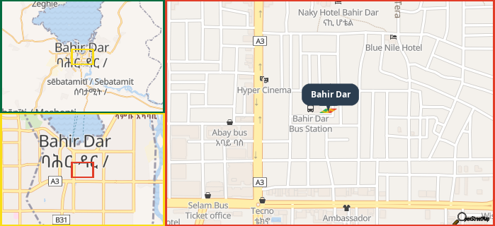 Map showing the address of Bahir Dar in three different zoom levels.