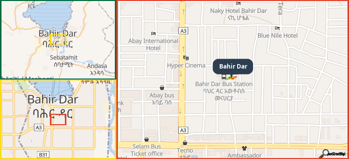 Map showing the address of Bahir Dar in three different zoom levels.