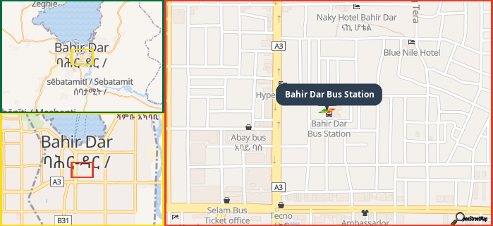 Map showing the address of Bahir Dar Bus Station in three different zoom levels.