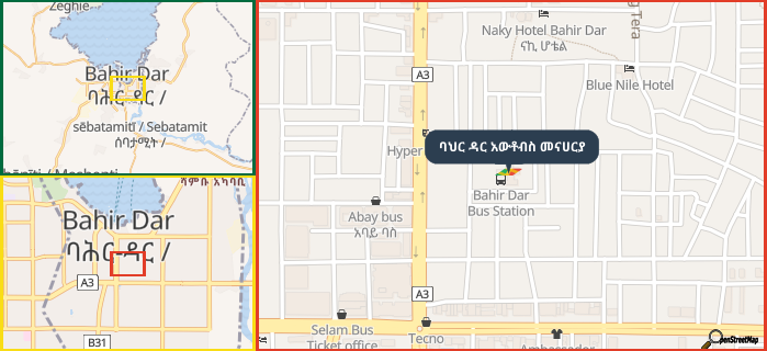 Map showing the address of ባህር ዳር አውቶብስ መናሀርያ in three different zoom levels.
