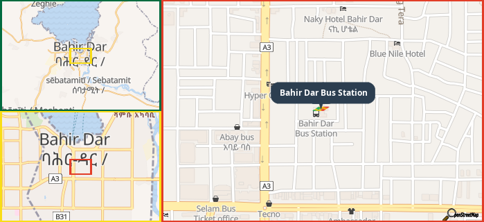 Map showing the address of Bahir Dar Bus Station in three different zoom levels.