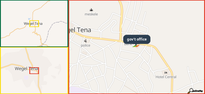 Map showing the address of gov't office in three different zoom levels.