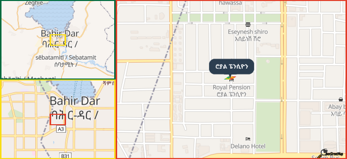 Map showing the address of ሮያል ፔንሲዮን in three different zoom levels.