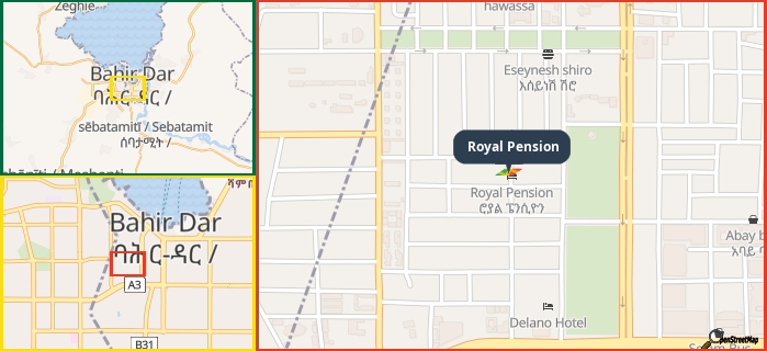 Map showing the address of Royal Pension in three different zoom levels.