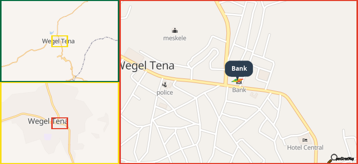 Map showing the address of Bank in three different zoom levels.