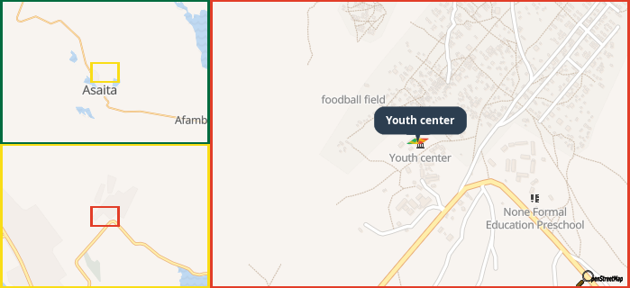 Map showing the address of Youth center in three different zoom levels.