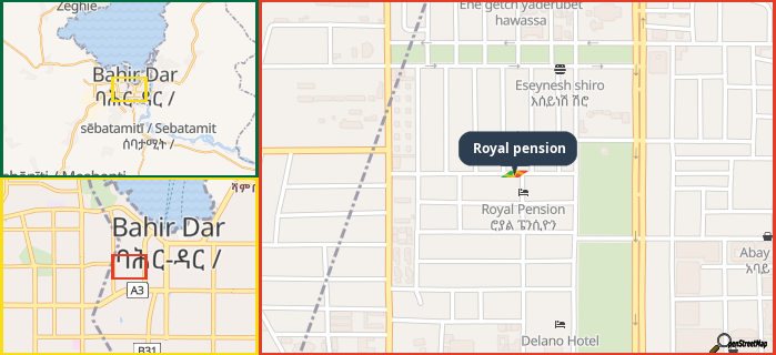 Map showing the address of Royal pension in three different zoom levels.