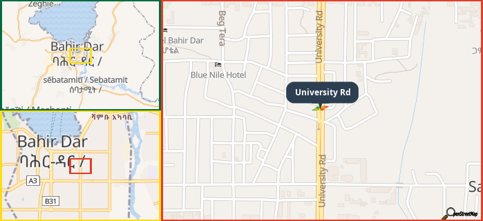 Map showing the address of University Rd in three different zoom levels.