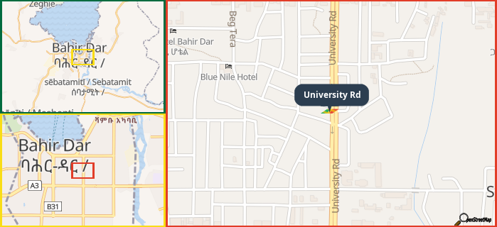 Map showing the address of University Rd in three different zoom levels.