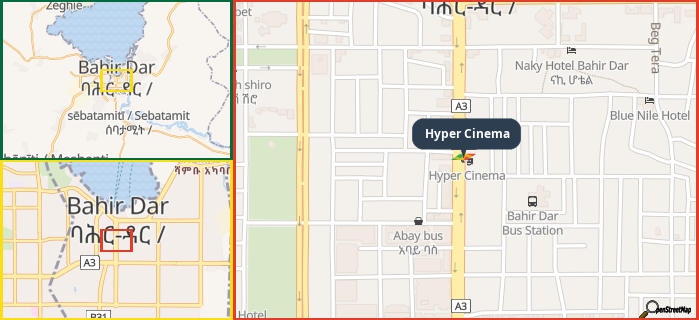 Map showing the address of Hyper Cinema in three different zoom levels.