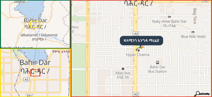 Map showing the address of ፍላሚንጎ እንግዳ ማረፊያ in three different zoom levels.