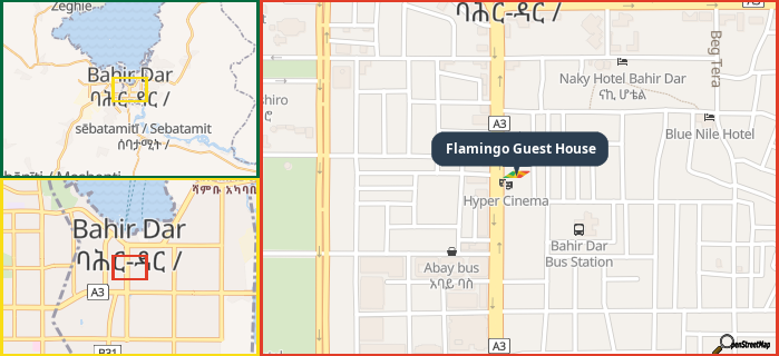 Map showing the address of Flamingo Guest House in three different zoom levels.