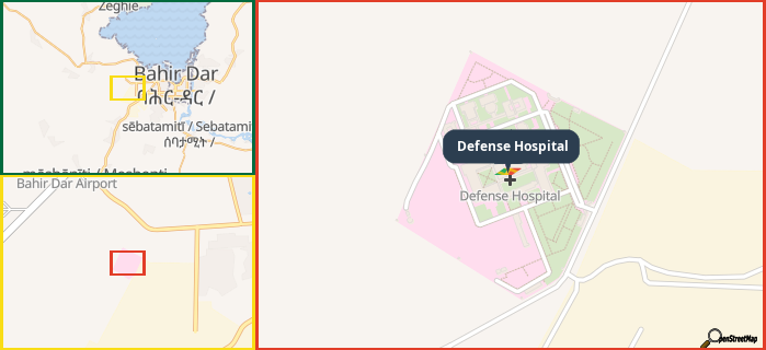 Map showing the address of Defense Hospital in three different zoom levels.