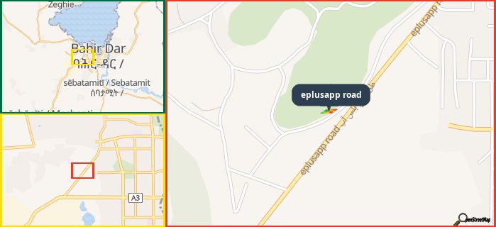 Map showing the address of eplusapp road in three different zoom levels.