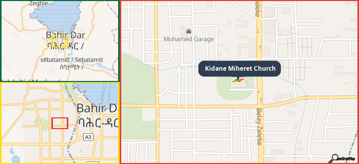 Map showing the address of Kidane Miheret Church in three different zoom levels.