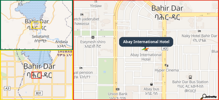 Map showing the address of Abay International Hotel in three different zoom levels.