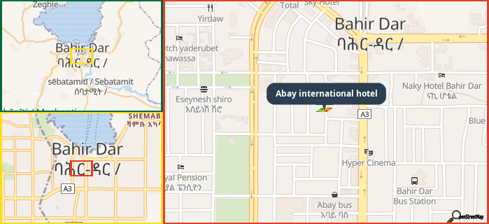 Map showing the address of Abay international hotel in three different zoom levels.