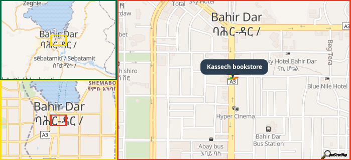 Map showing the address of Kassech bookstore in three different zoom levels.