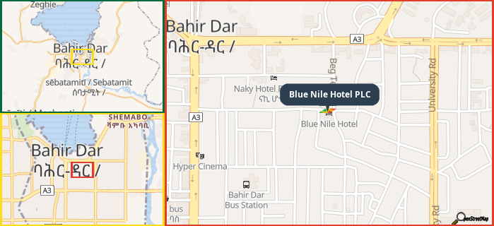 Map showing the address of Blue Nile Hotel PLC in three different zoom levels.