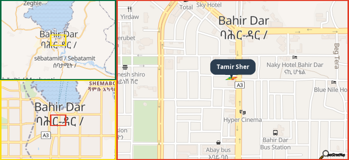 Map showing the address of Tamir Sher in three different zoom levels.