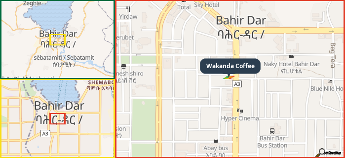 Map showing the address of Wakanda Coffee in three different zoom levels.