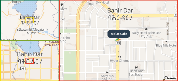 Map showing the address of Melat Cafe in three different zoom levels.