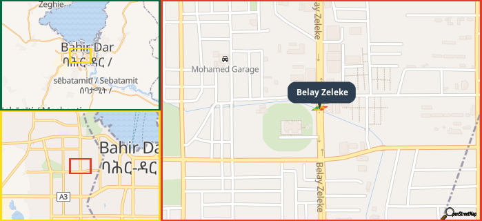 Map showing the address of Belay Zeleke in three different zoom levels.