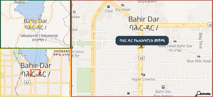 Map showing the address of ባህር ዳር የኤሌክትሮኒክ መሸጫ in three different zoom levels.
