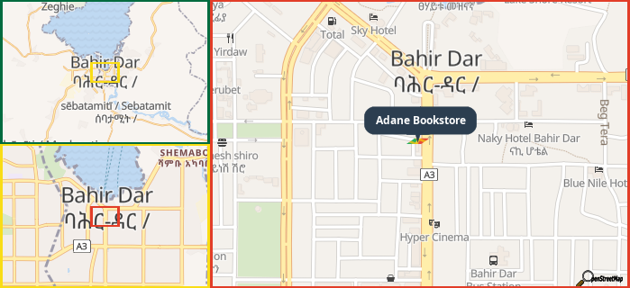 Map showing the address of Adane Bookstore in three different zoom levels.