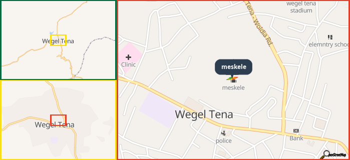 Map showing the address of meskele in three different zoom levels.