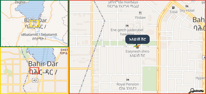 Map showing the address of እሰይነሽ ሽሮ in three different zoom levels.