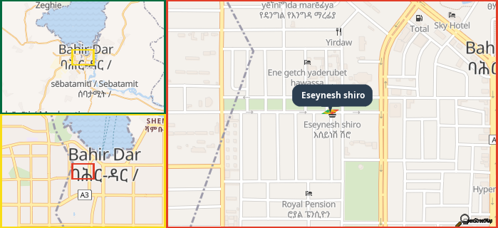 Map showing the address of Eseynesh shiro in three different zoom levels.
