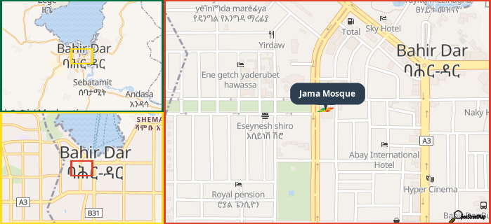 Map showing the address of Jama Mosque in three different zoom levels.