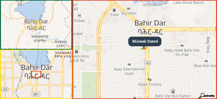 Map showing the address of Miswak Stand in three different zoom levels.