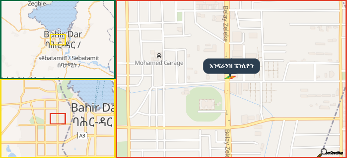 Map showing the address of እንፍራንዝ ፔንሲዮን in three different zoom levels.