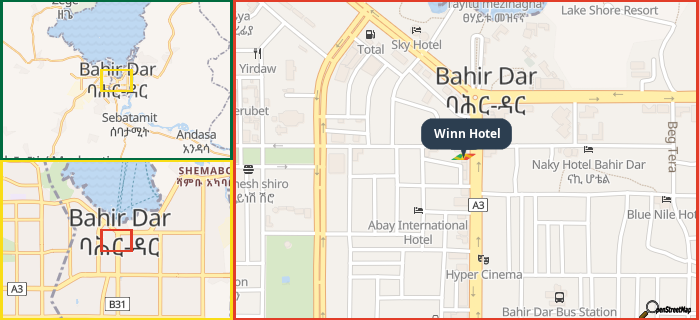 Map showing the address of Winn Hotel in three different zoom levels.