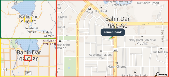 Map showing the address of Zemen Bank in three different zoom levels.