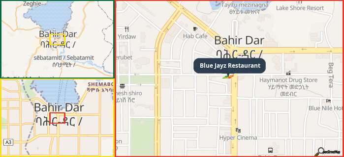 Map showing the address of Blue Jayz Restaurant in three different zoom levels.