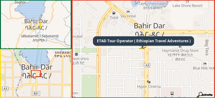 Map showing the address of ETAD Tour Operator ( Ethiopian Travel Adventures ) in three different zoom levels.