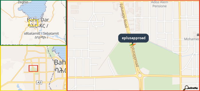 Map showing the address of eplusapproad in three different zoom levels.