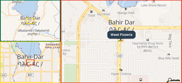 Map showing the address of Wawi Pizzeria in three different zoom levels.