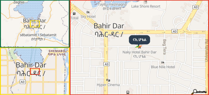 Map showing the address of ናኪ ሆቴል in three different zoom levels.