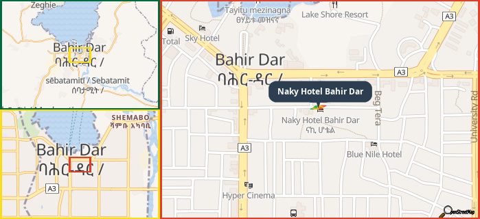 Map showing the address of Naky Hotel Bahir Dar in three different zoom levels.