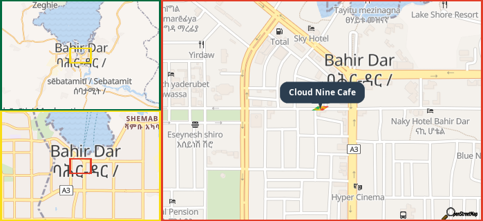 Map showing the address of Cloud Nine Cafe in three different zoom levels.