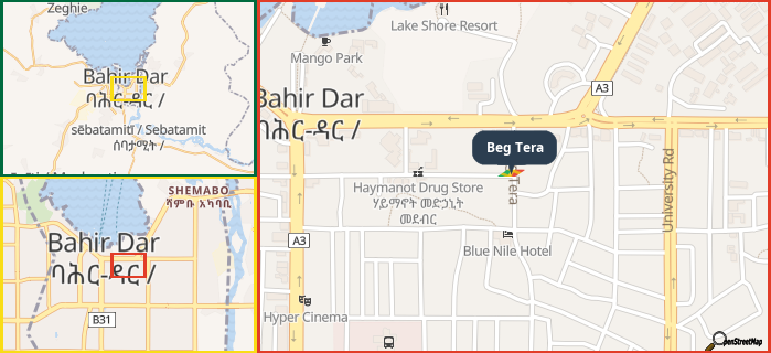 Map showing the address of Beg Tera in three different zoom levels.