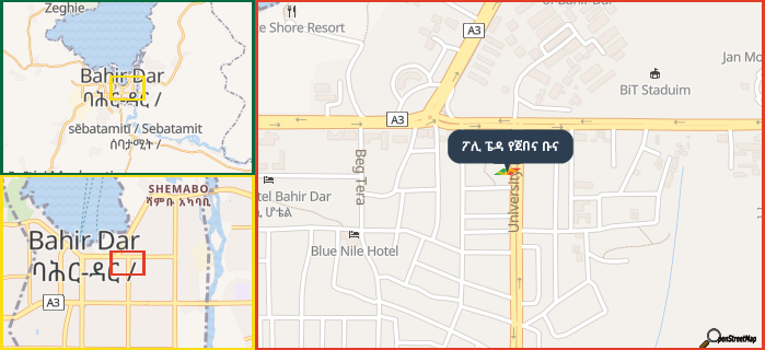 Map showing the address of ፖሊ ፔዳ የጀበና ቡና in three different zoom levels.