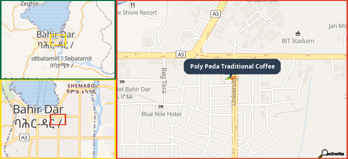 Map showing the address of Poly Peda Traditional Coffee in three different zoom levels.