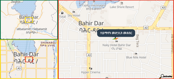 Map showing the address of ሃይማኖት መድኃኒት መደብር in three different zoom levels.